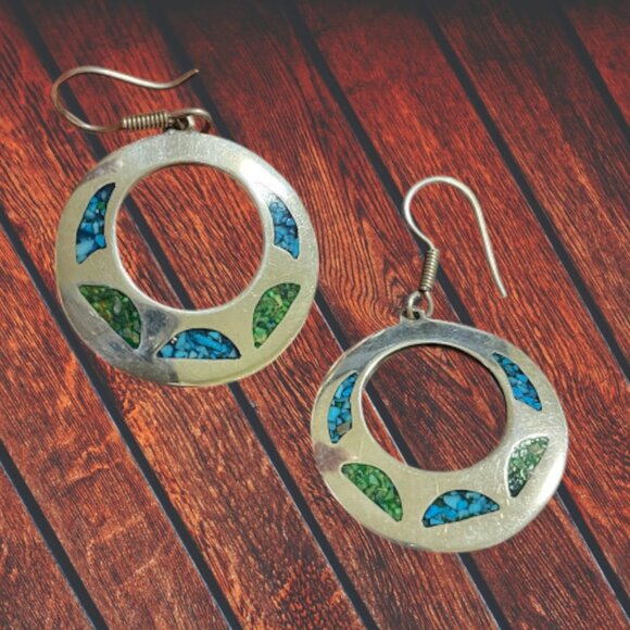 Vintage Taxco Mexico Sterling Silver Turquoise Inlay Large Round Hoop Earrings - Picture 2 of 5